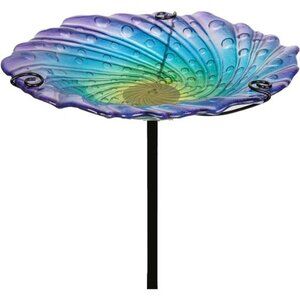 Glass Bird Bath for Outside Blue Birdbath Bowl & Birdfeeder with Metal Stake